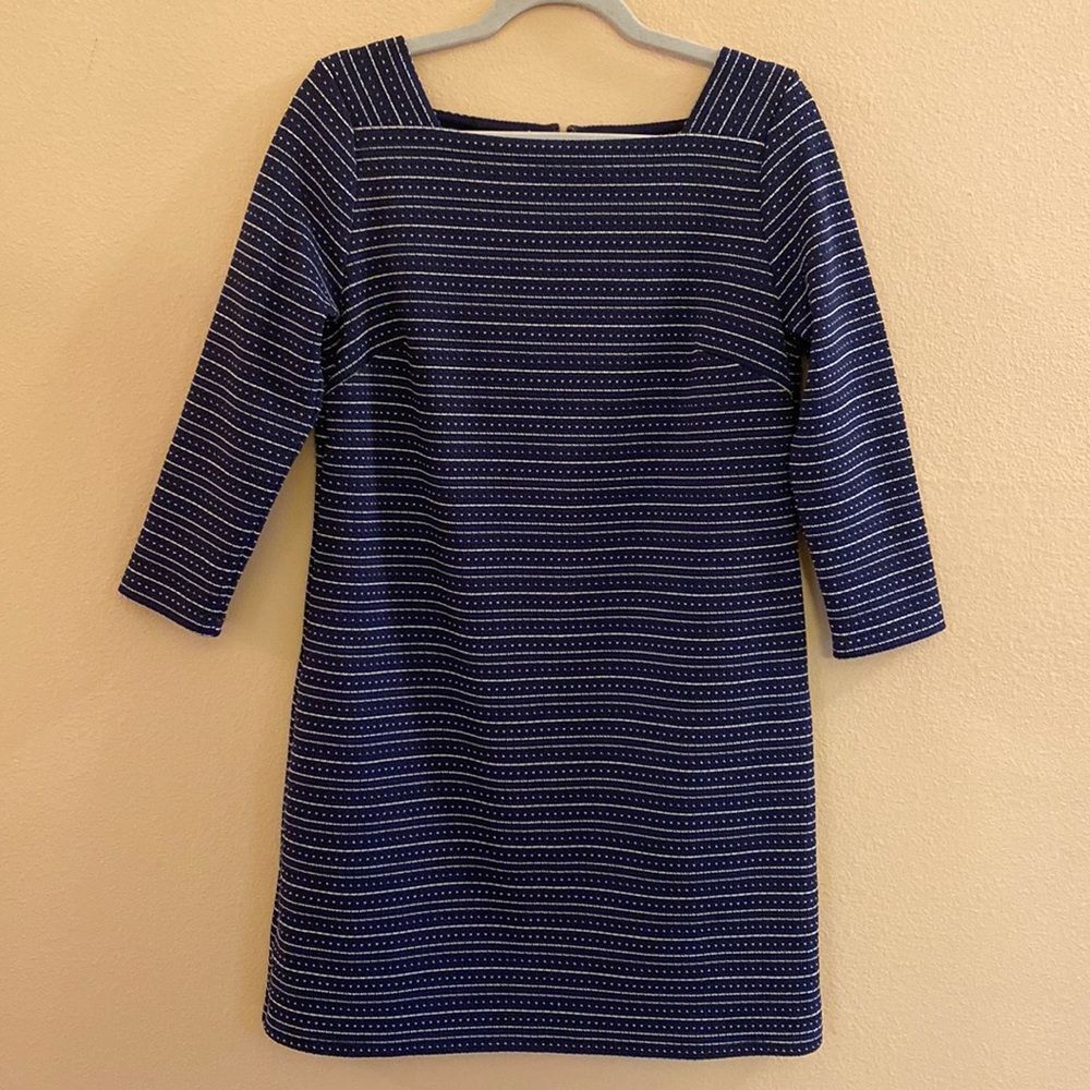 Loft Textured‎ Knit Blue White Striped Square Neck Shift Dress 3/4 Sleeves Sz S - Picture 2 of 10